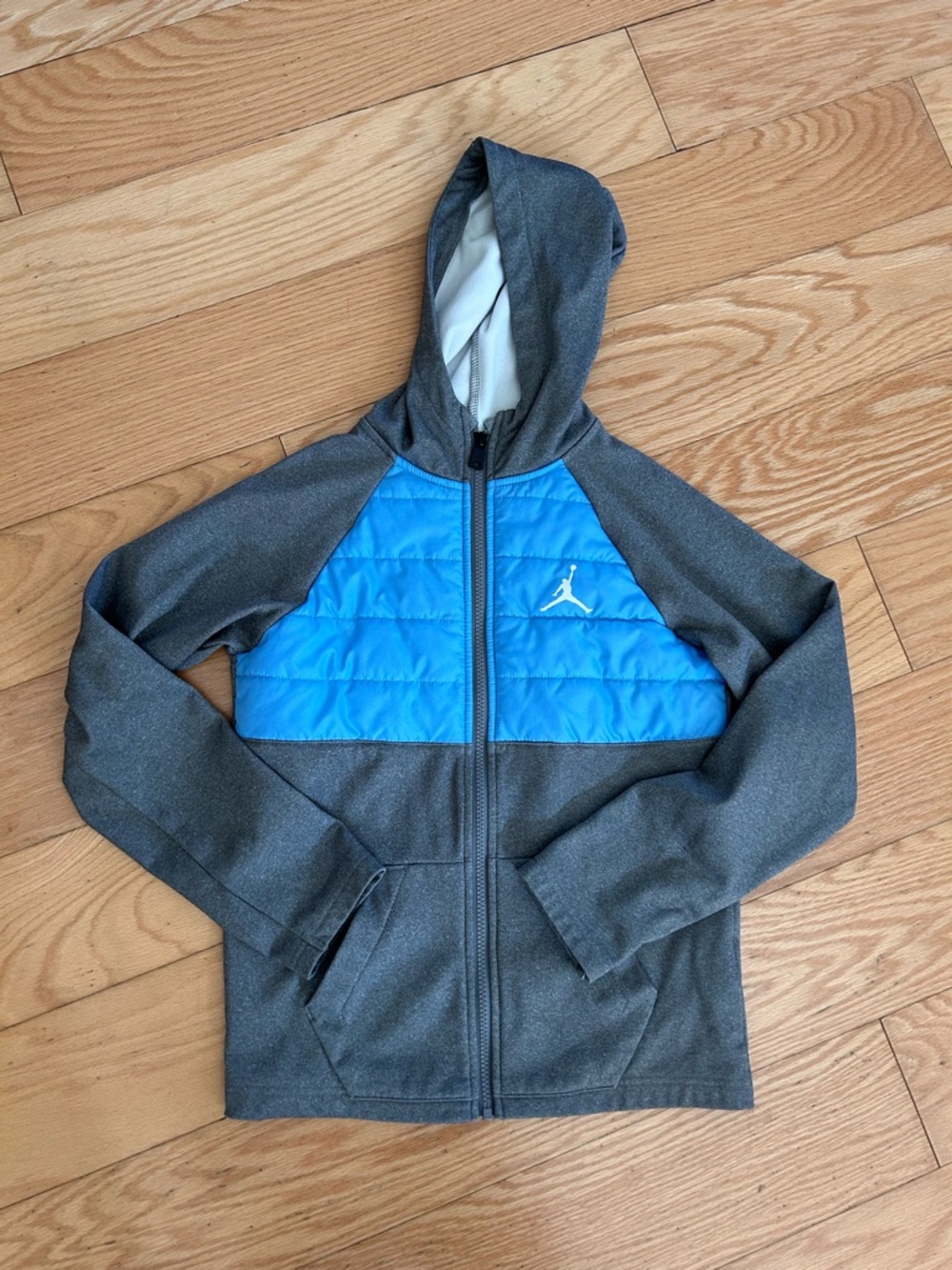 Jordan Gray Hoodie with Blue Quilted Chest Panel